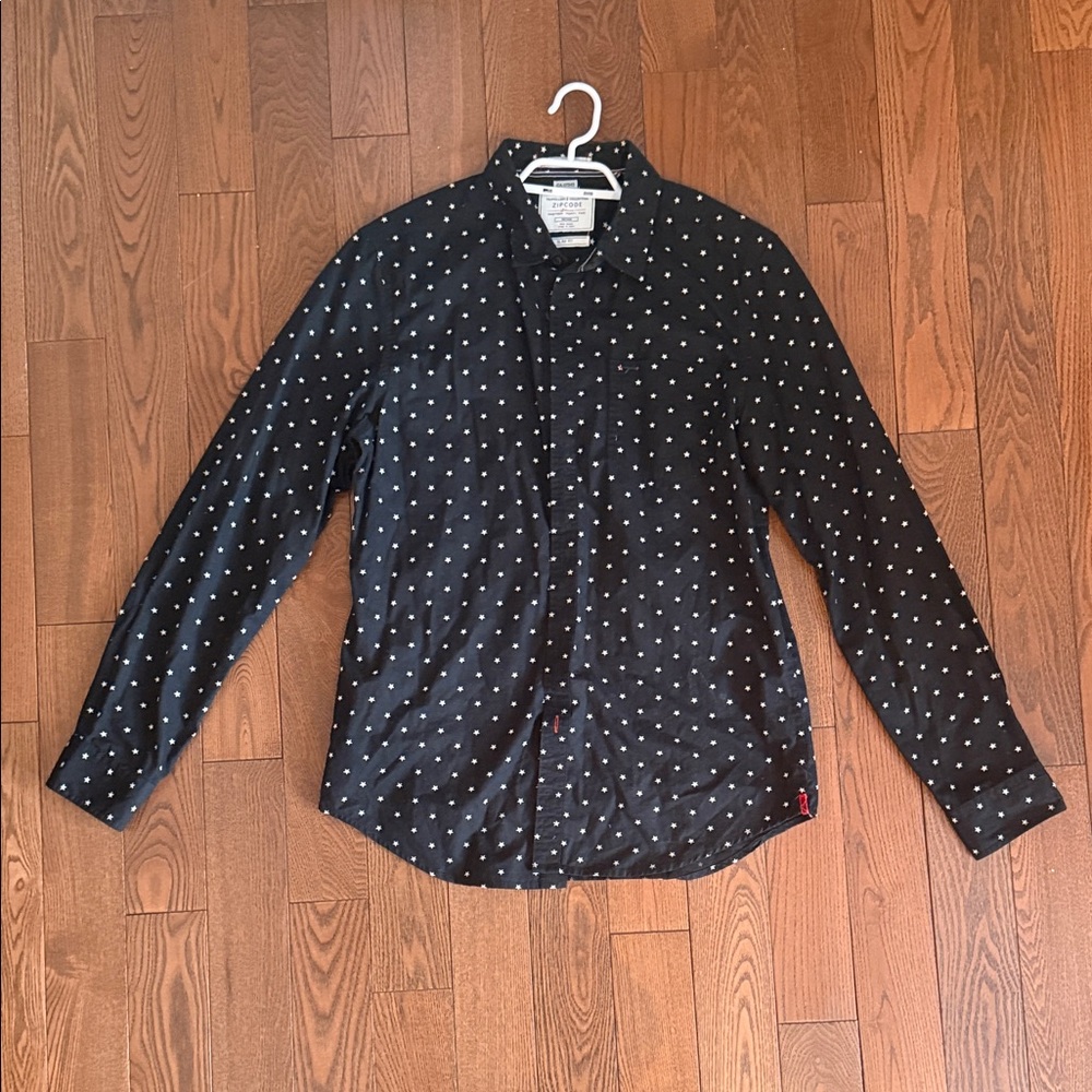 Zipcode Design Black Button-Down Shirt with White Dot Print